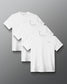 Three white short-sleeve crewneck t-shirts with a small gray geometric logo on the left chest, arranged in a staggered overlapping layout on a dark gray gradient background.
