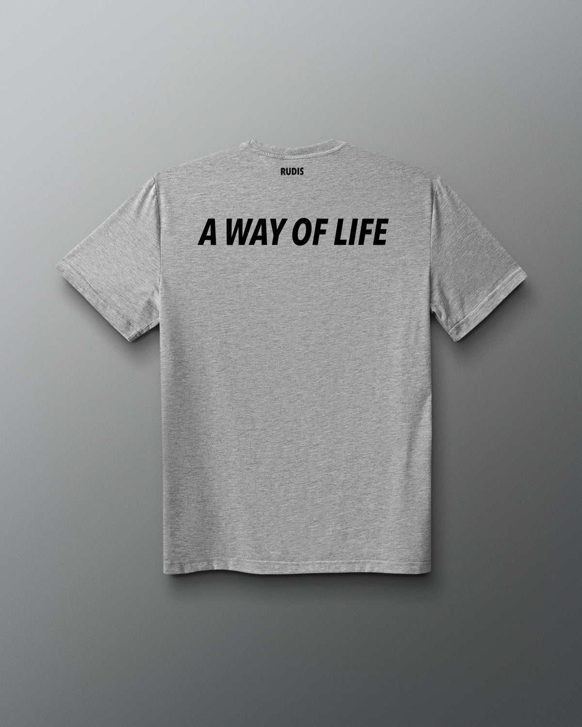 A heather gray short-sleeve t-shirt shown from the back, featuring the phrase 'A WAY OF LIFE' printed in bold black capital letters across the upper back. The brand name 'RUDIS' is visible in small black text inside the back collar.