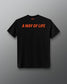 A black short-sleeve t-shirt shown from the back, featuring the phrase 'A WAY OF LIFE' printed in bold orange letters across the upper back. The brand name 'RUDIS' is printed in small orange letters below the collar.