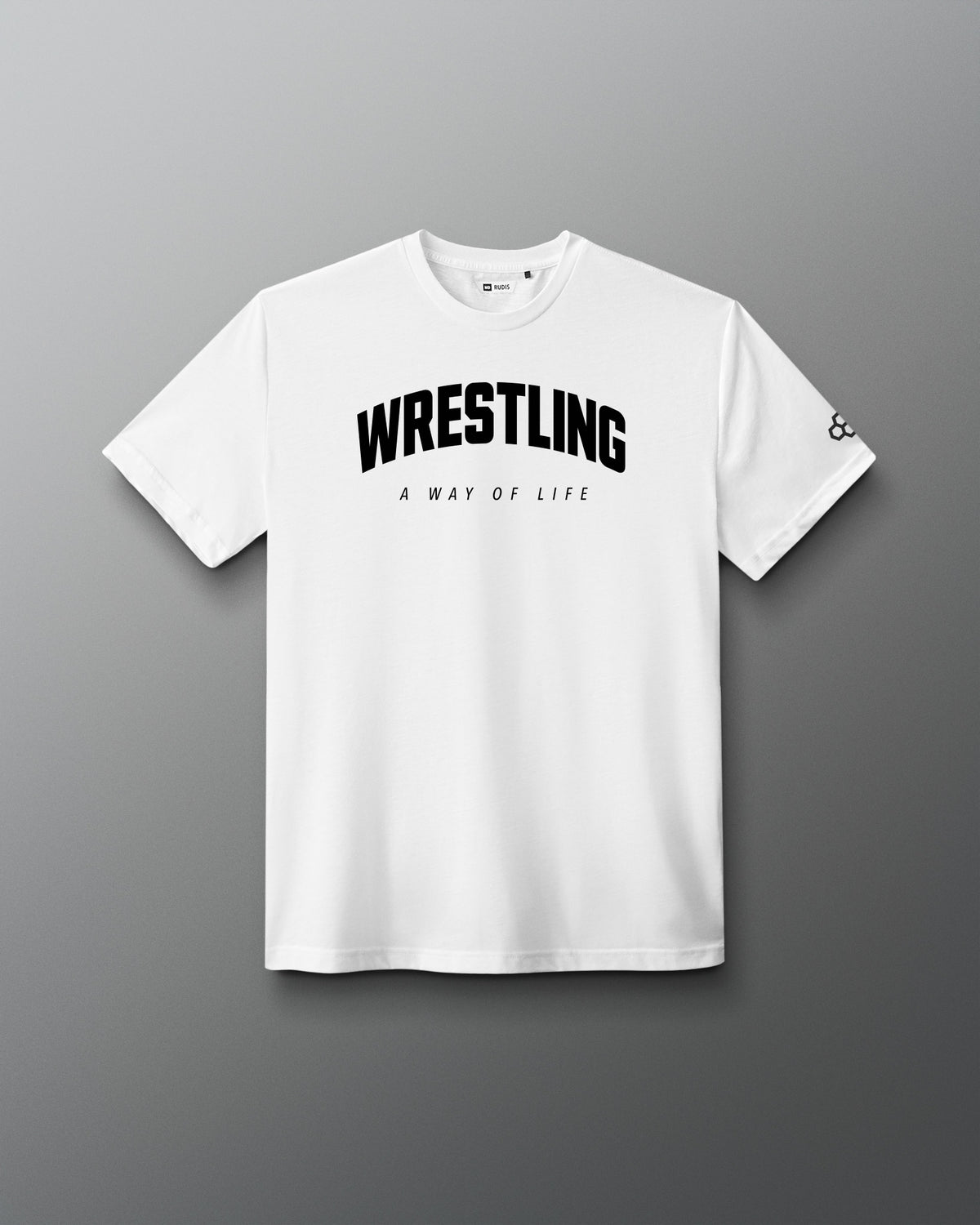 A white short-sleeve crewneck t-shirt with 'WRESTLING' printed in black arched letters and 'A WAY OF LIFE' underneath on the chest, displayed against a dark gray gradient background.