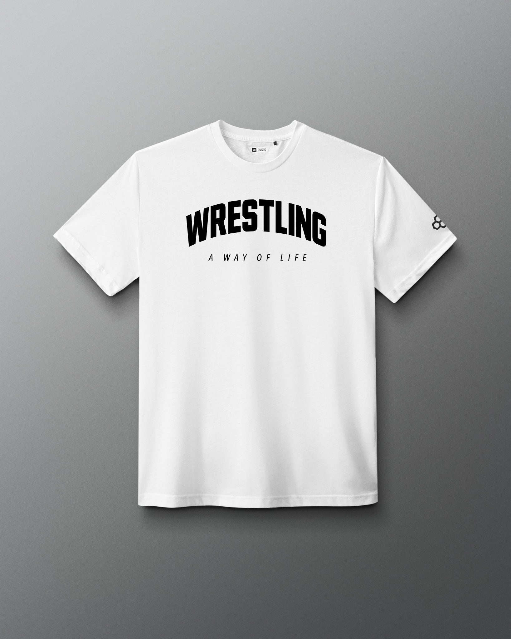 A white short-sleeve crewneck t-shirt with 'WRESTLING' printed in black arched letters and 'A WAY OF LIFE' underneath on the chest, displayed against a dark gray gradient background.