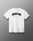 A white short-sleeve crewneck t-shirt with 'WRESTLING' printed in black arched letters and 'A WAY OF LIFE' underneath on the chest, displayed against a dark gray gradient background.