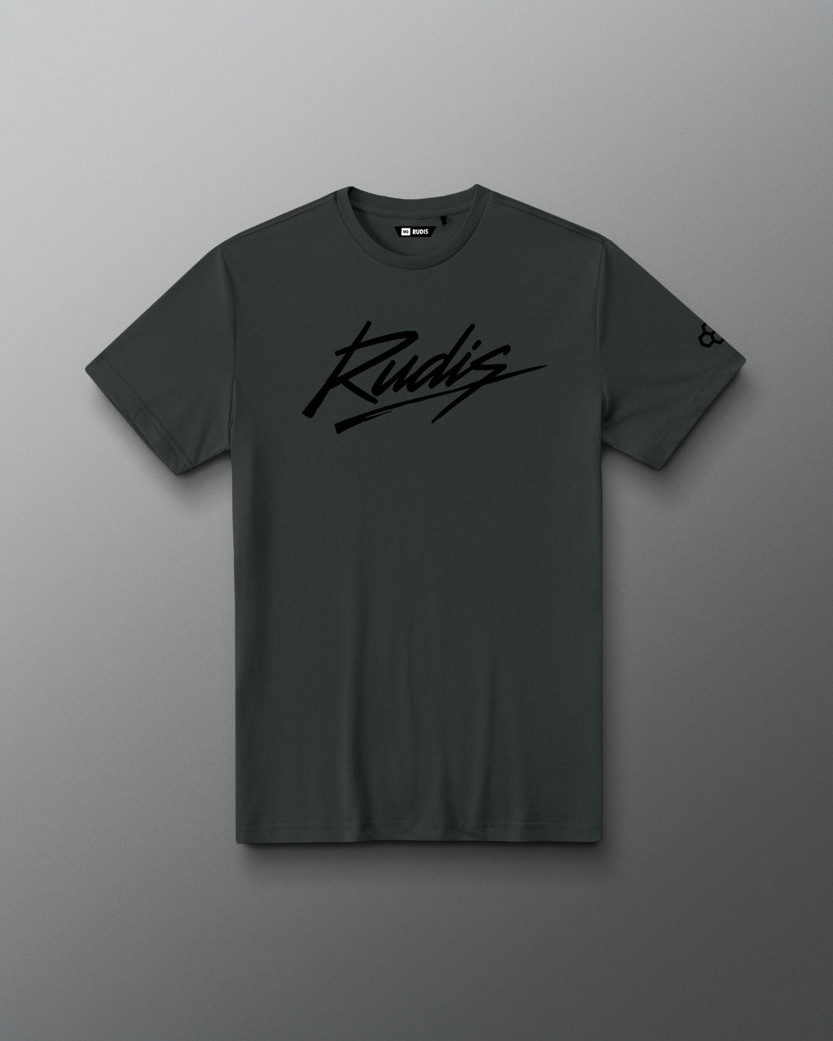 Front view of the RUDIS Script Elite Super Soft T-Shirt in charcoal with black RUDIS script logo.