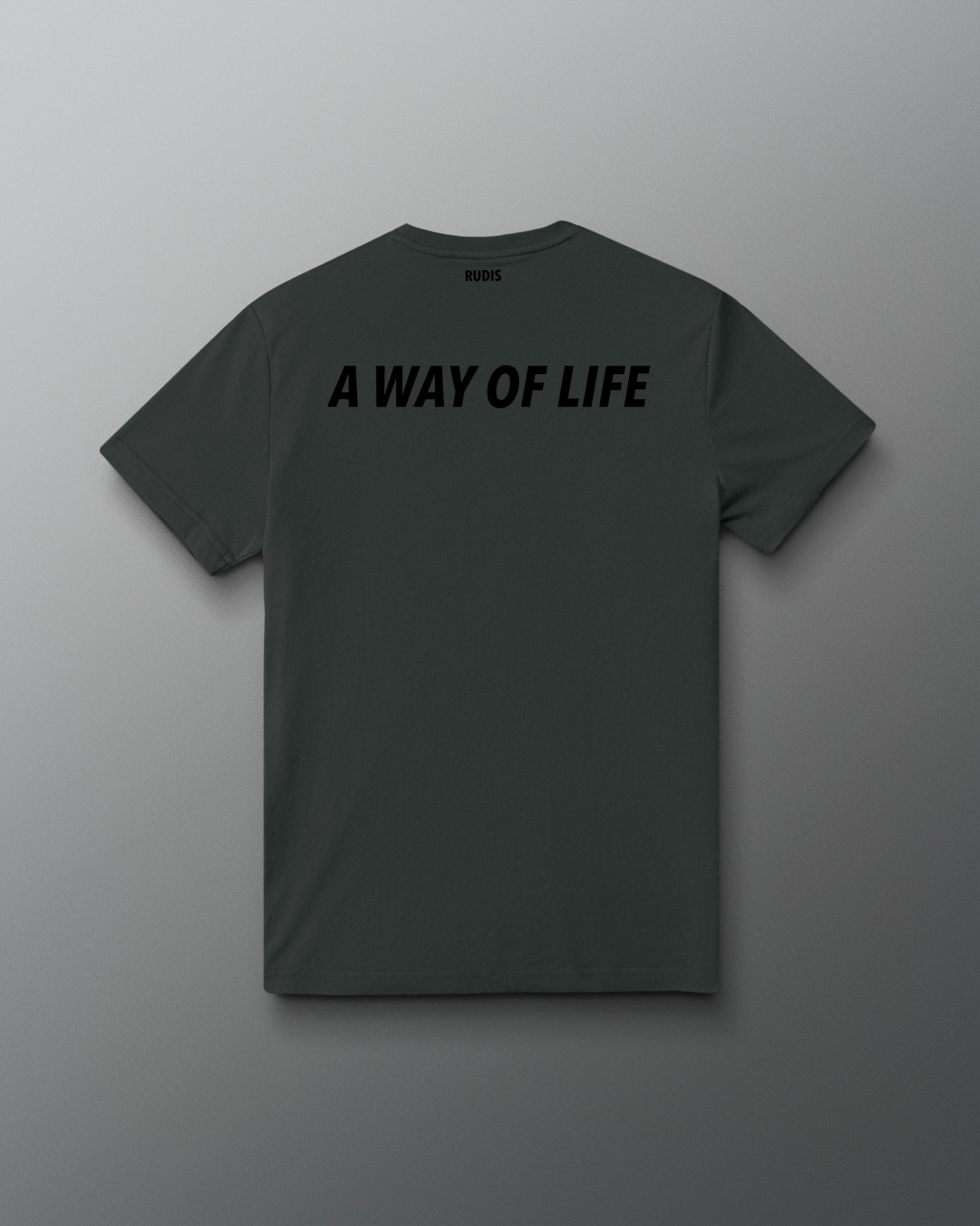 Back view of the charcoal RUDIS Script Elite Super Soft T-Shirt with black “A Way of Life” graphic.
