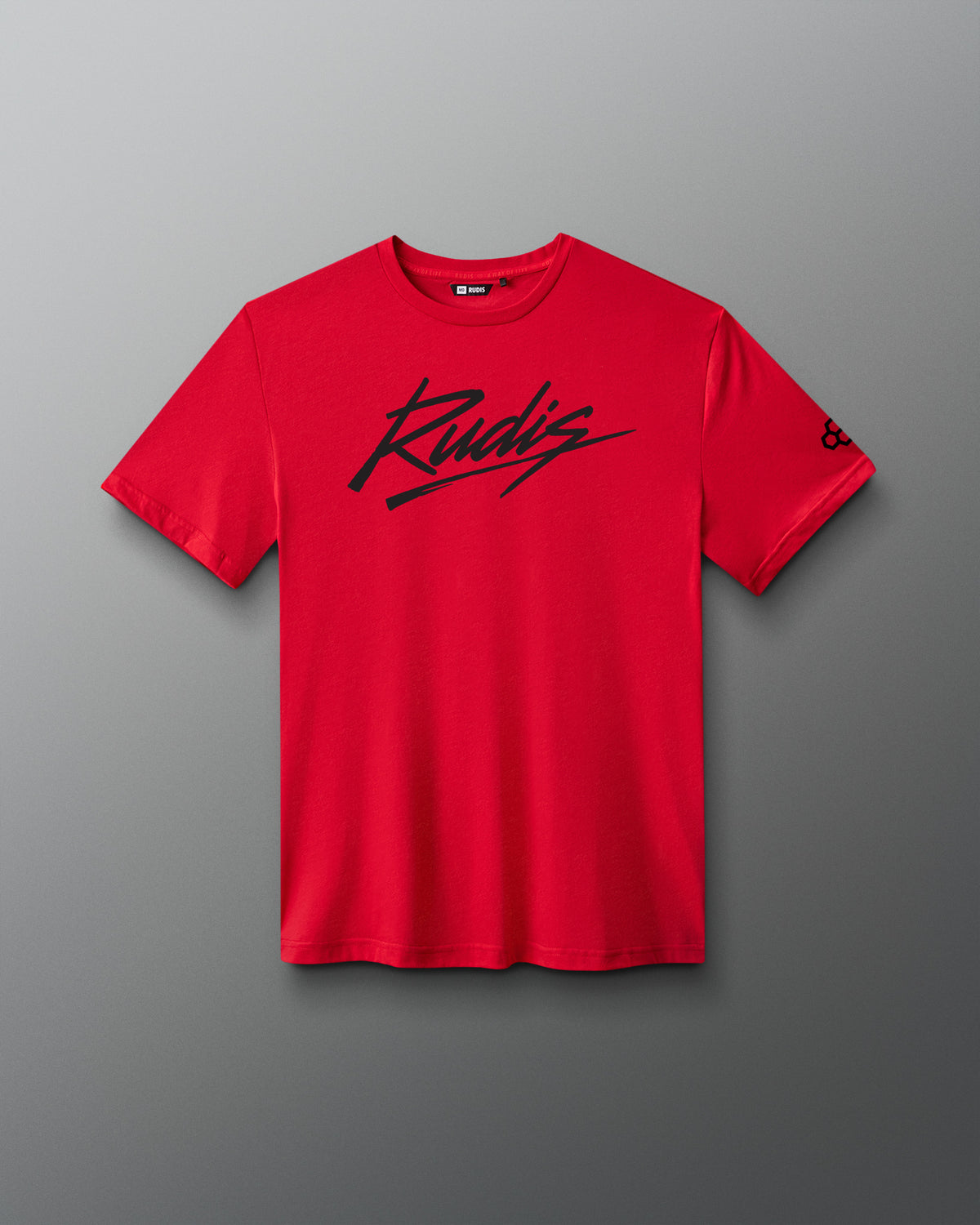 Front view of the RUDIS Script Elite Super Soft T-Shirt in red with black RUDIS script logo.