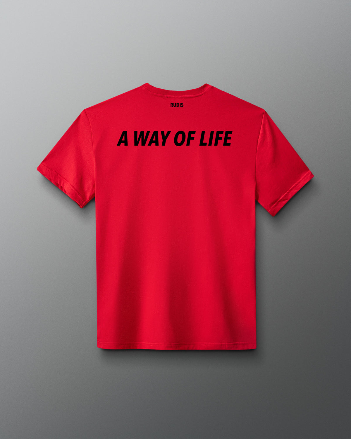 Back view of the red RUDIS Script Elite Super Soft T-Shirt with black “A Way of Life” graphic.