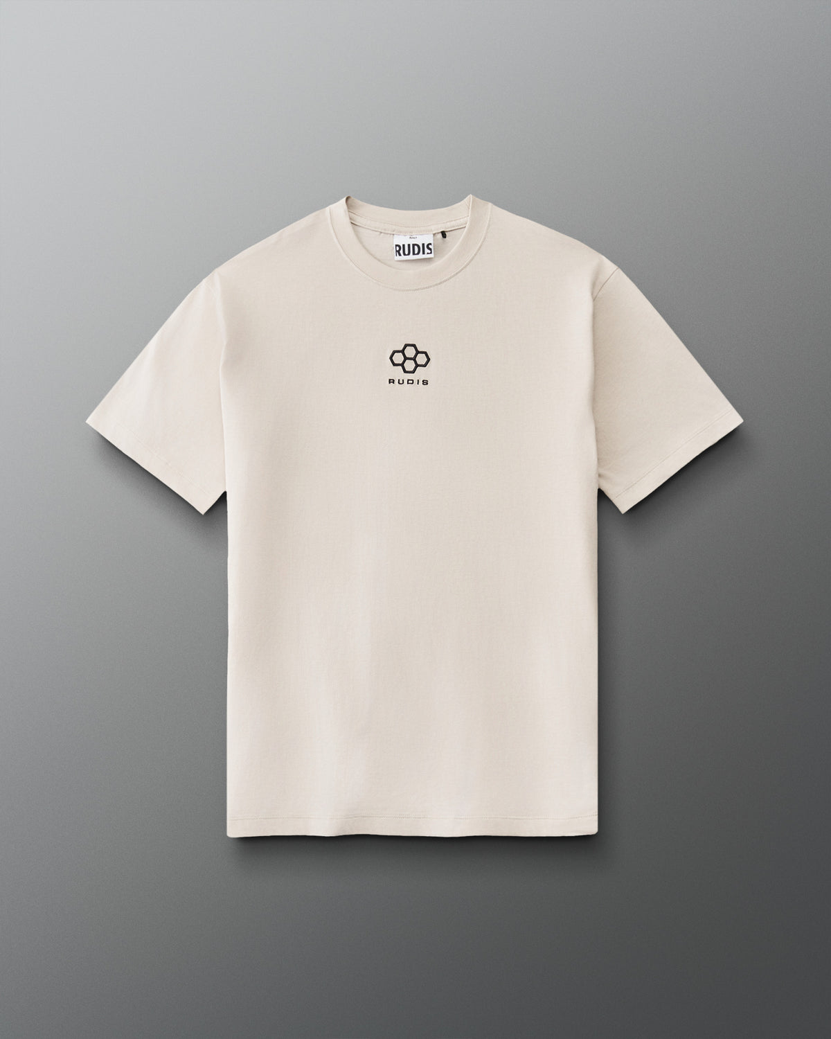Front view of RUDIS Hex Classic Cotton T-Shirt in Bone with black Hex logo and RUDIS lettering centered on the chest.