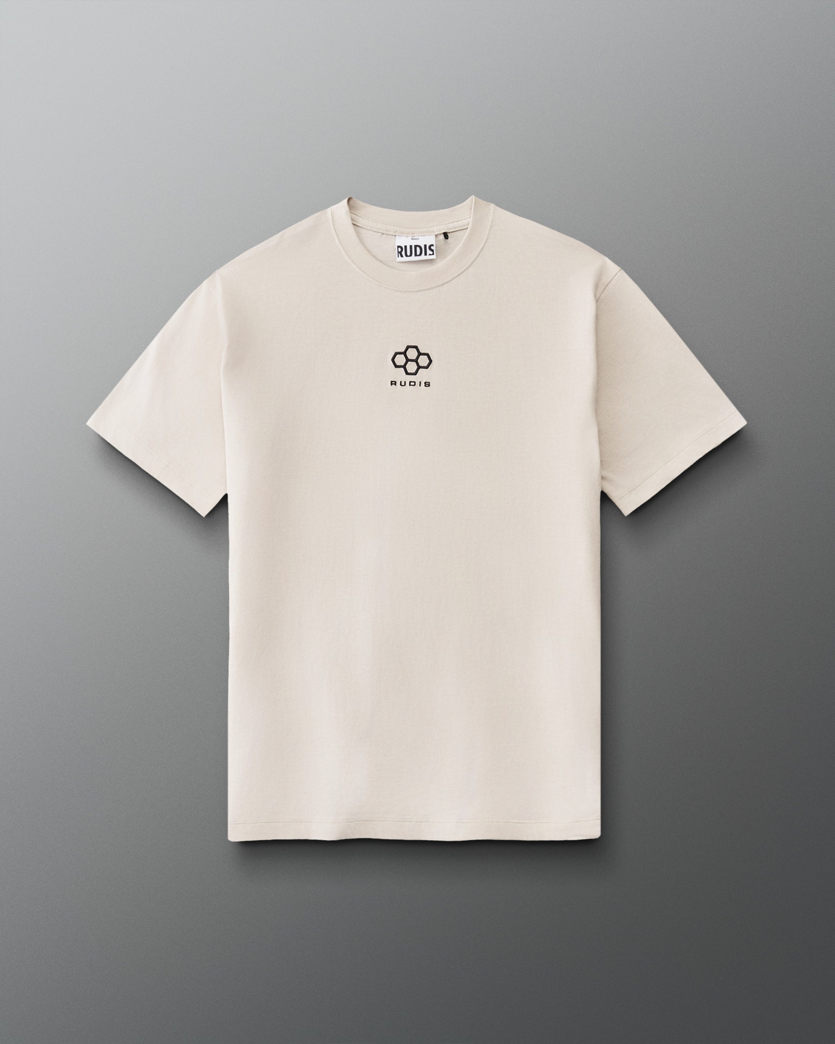 Front view of RUDIS Hex Classic Cotton T-Shirt in Bone with black Hex logo and RUDIS lettering centered on the chest.