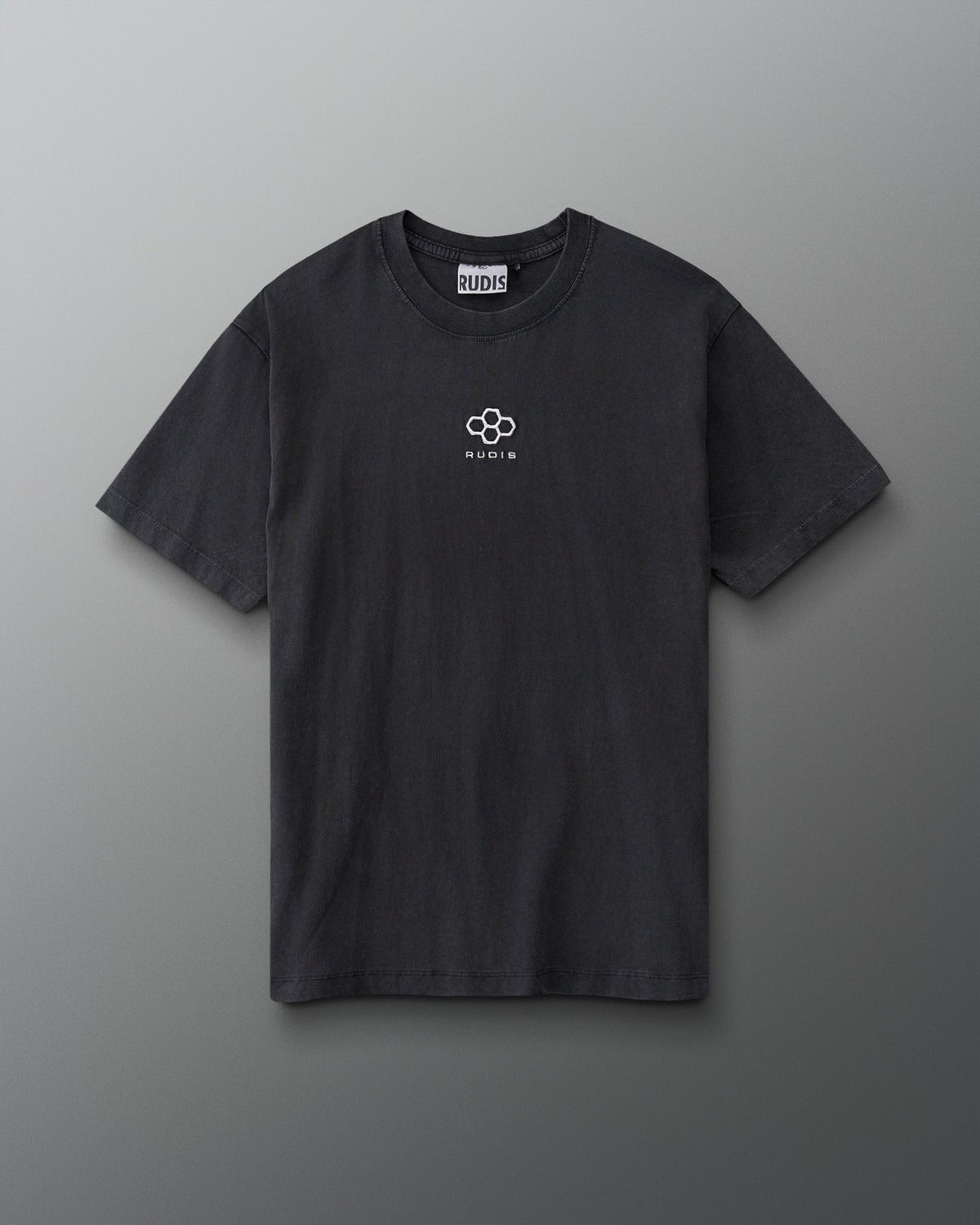 Front view of RUDIS Hex Classic Cotton T-Shirt in Washed Black with white Hex logo and RUDIS lettering centered on the chest.