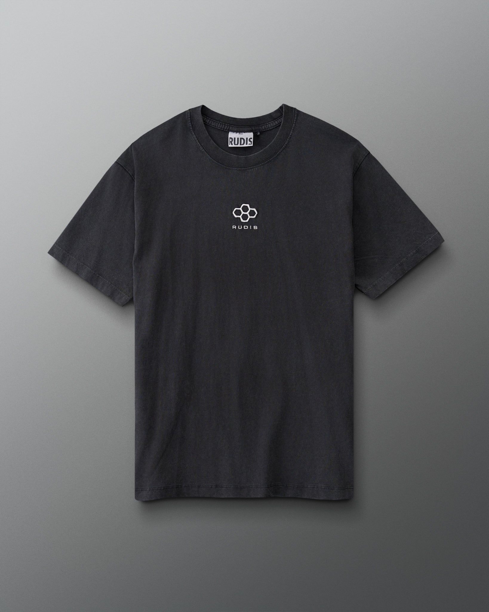 Front view of RUDIS Hex Classic Cotton T-Shirt in Washed Black with white Hex logo and RUDIS lettering centered on the chest.