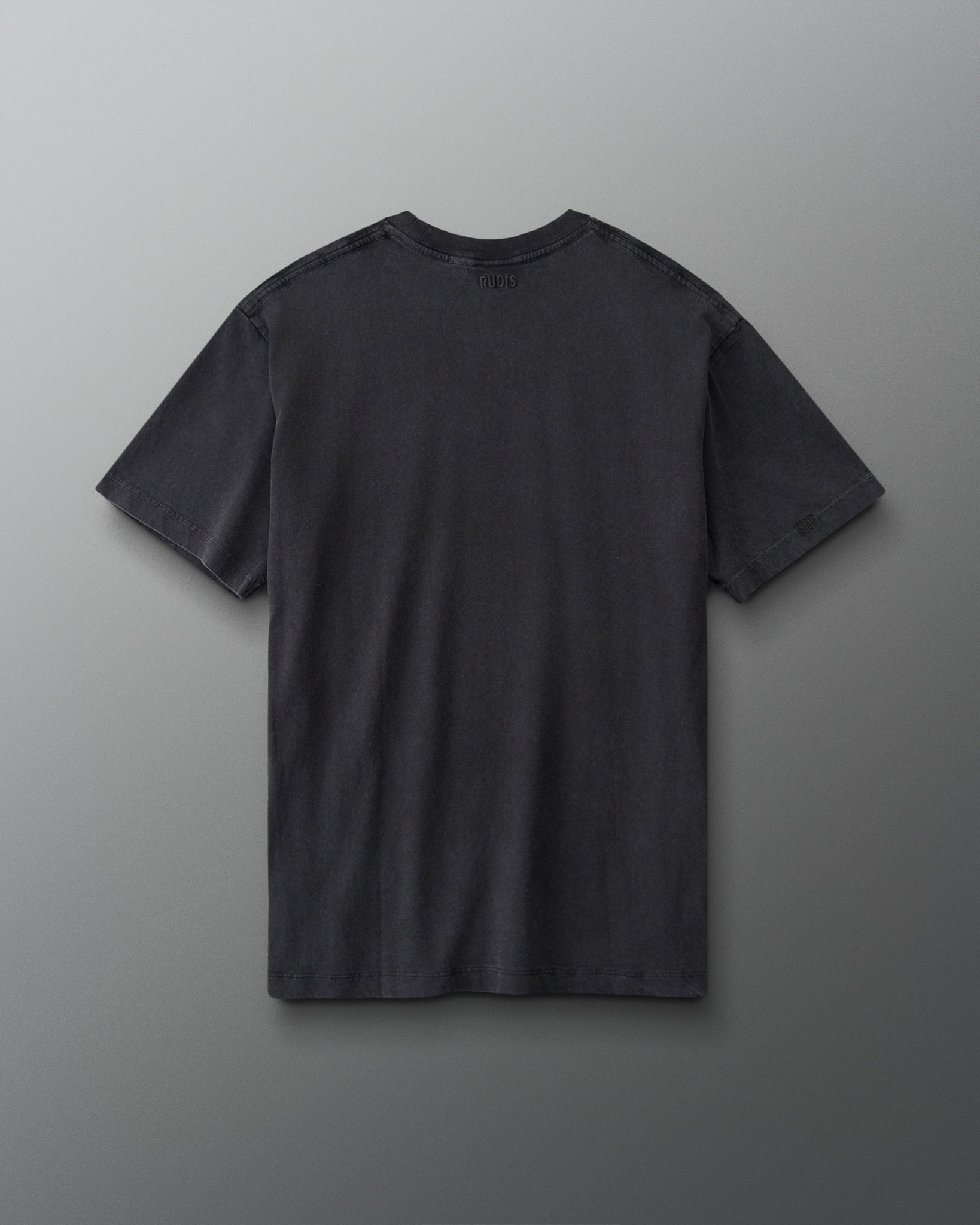 Back view of RUDIS Hex Classic Cotton T-Shirt in Washed Black featuring a clean, minimal design and subtle RUDIS branding below the collar.