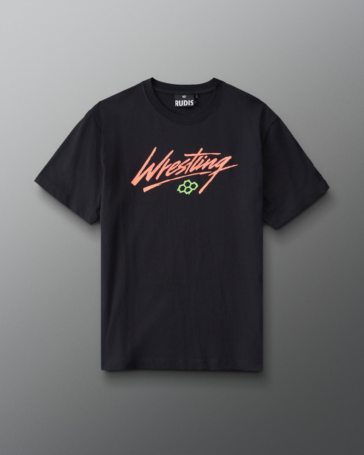 Front view of RUDIS Script Wrestling Classic Cotton T-Shirt in Black featuring coral Wrestling script lettering and a green Hex logo.