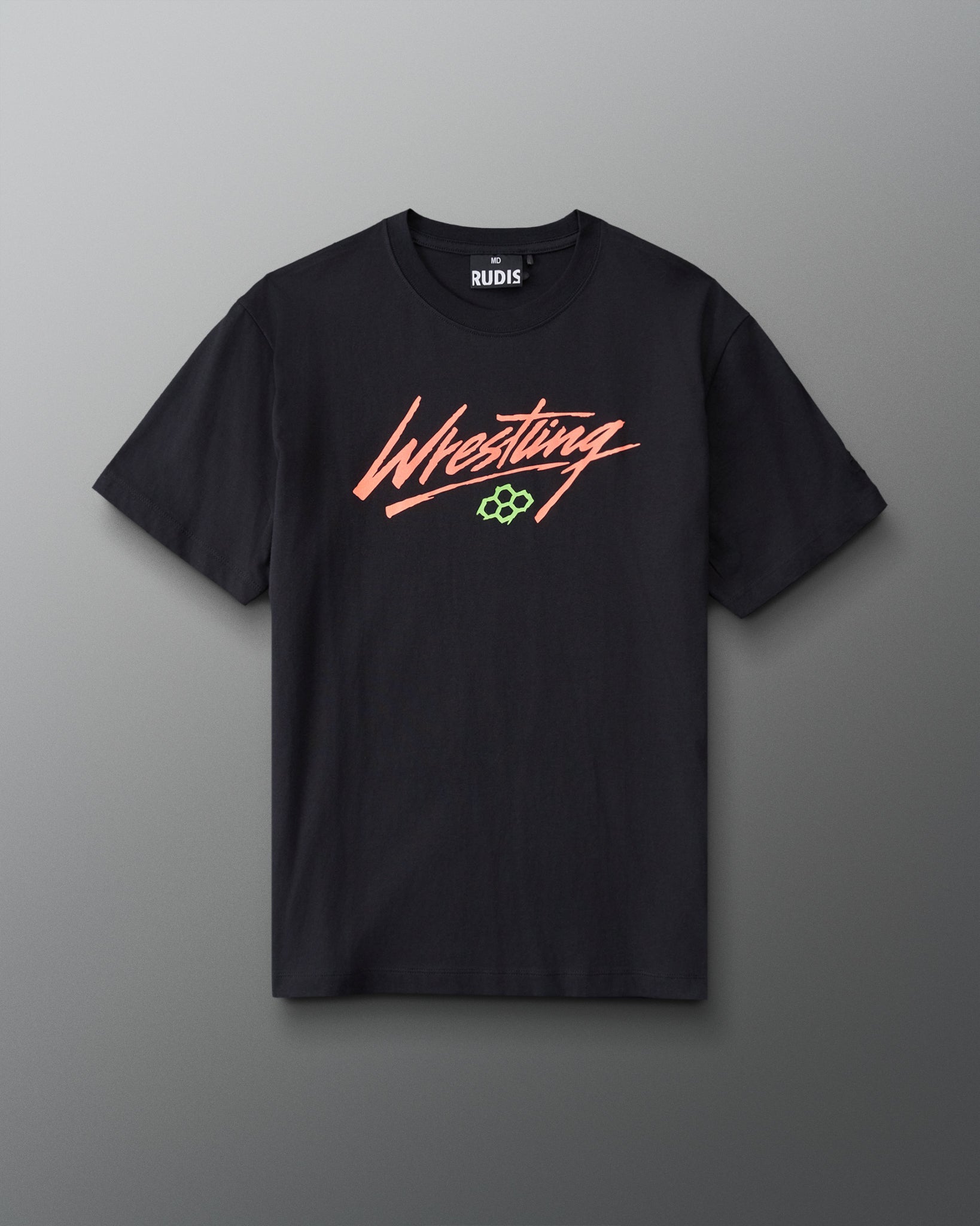 Front view of RUDIS Script Wrestling Classic Cotton T-Shirt in Black featuring coral Wrestling script lettering and a green Hex logo.