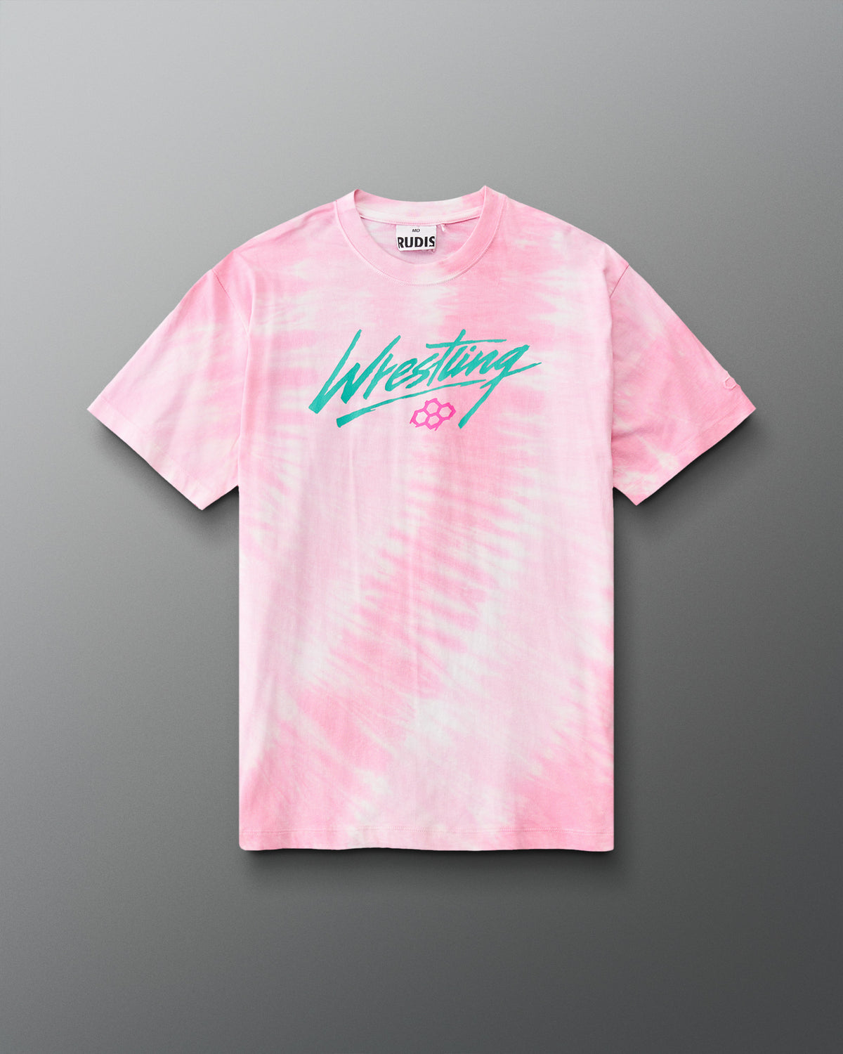 Front view of RUDIS Script Wrestling Classic Cotton T-Shirt in Tie-Dye Pink featuring teal Wrestling script lettering and a pink Hex logo.