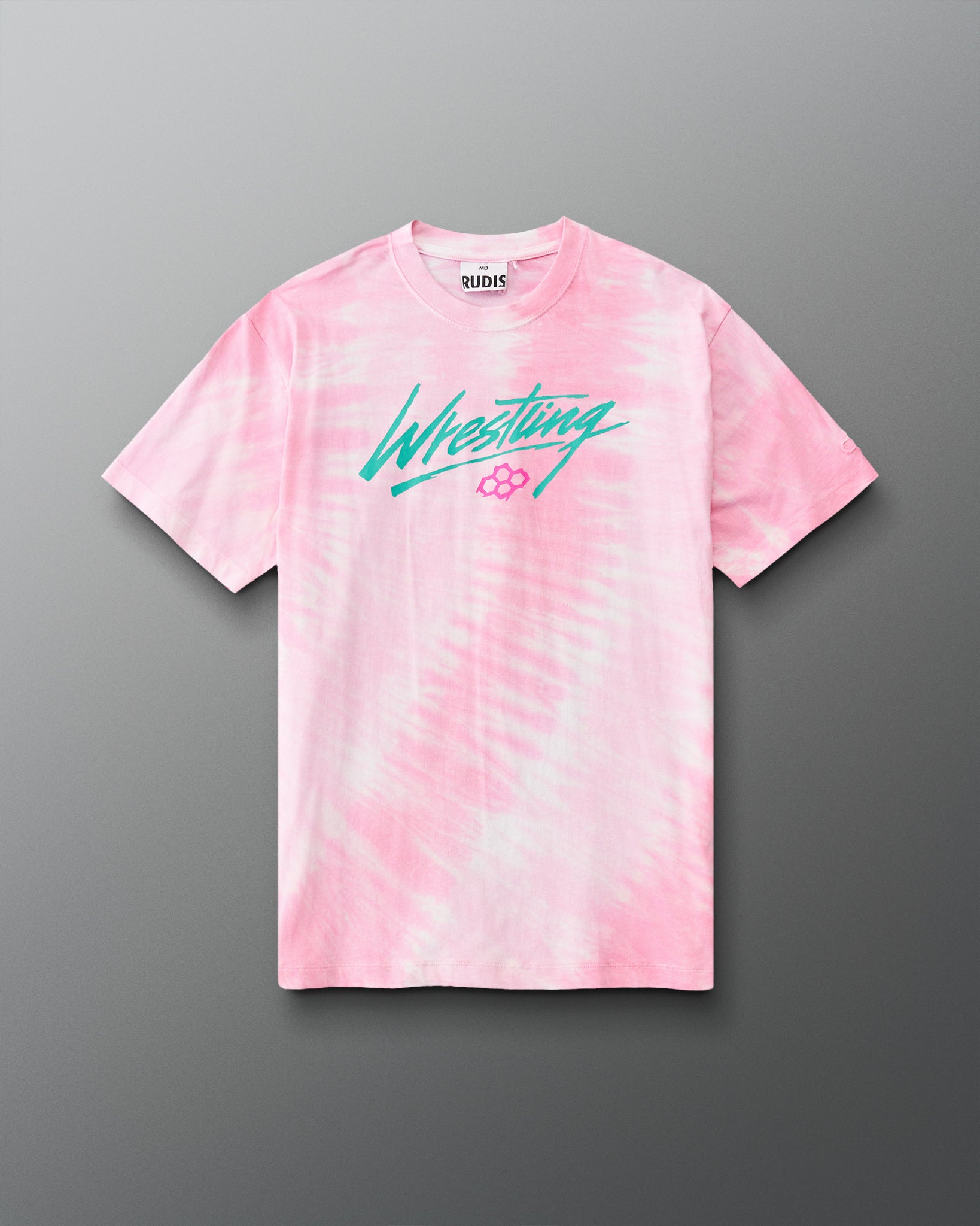 Front view of RUDIS Script Wrestling Classic Cotton T-Shirt in Tie-Dye Pink featuring teal Wrestling script lettering and a pink Hex logo.