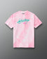Front view of RUDIS Script Wrestling Classic Cotton T-Shirt in Tie-Dye Pink featuring teal Wrestling script lettering and a pink Hex logo.