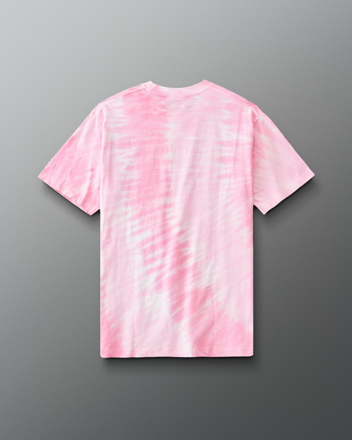 Back view of RUDIS Script Wrestling Classic Cotton T-Shirt in pink and white tie-dye with subtle RUDIS branding below the collar.