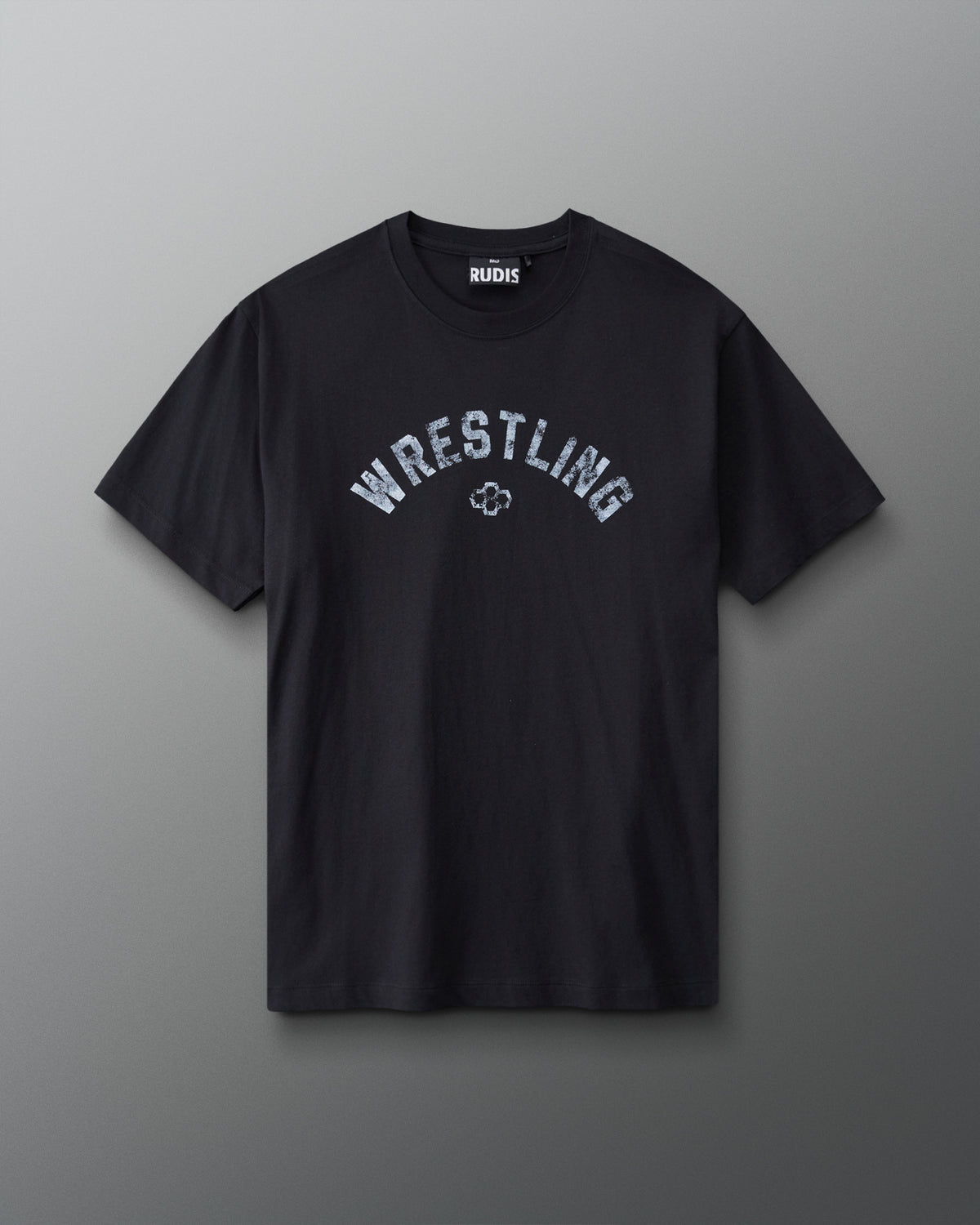 Front view of RUDIS Wrestling Classic Cotton T-Shirt in Black featuring vintage-style arched WRESTLING lettering and the Hex logo.