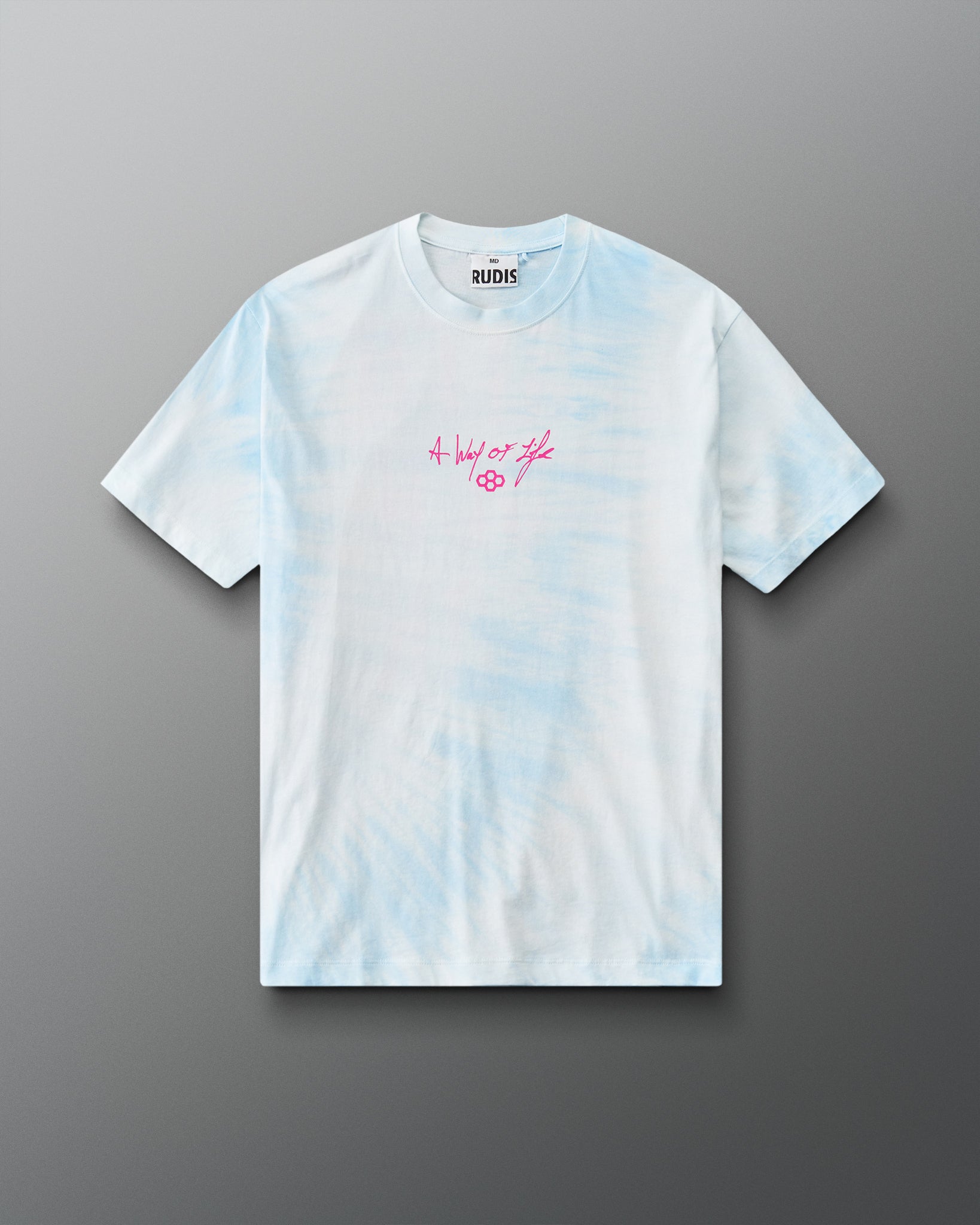 Front view of the RUDIS Faith Over Fear Classic Cotton T-Shirt in Blue Tie Dye with pink A Way of Life chest graphic and crew neckline.