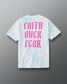 Back view of the RUDIS Faith Over Fear T-Shirt in Blue Tie Dye featuring oversized pink gothic Faith Over Fear lettering.