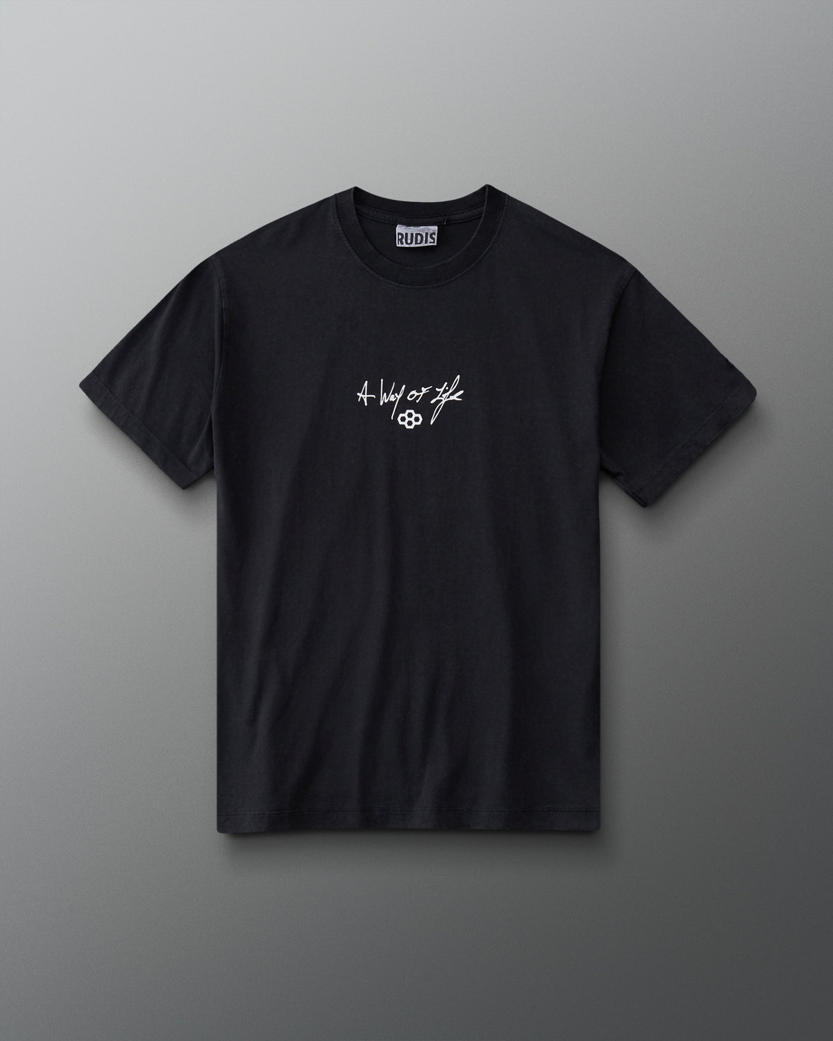 Front view of the RUDIS Faith Over Fear Classic Cotton T-Shirt in Washed Black featuring white A Way of Life chest lettering.