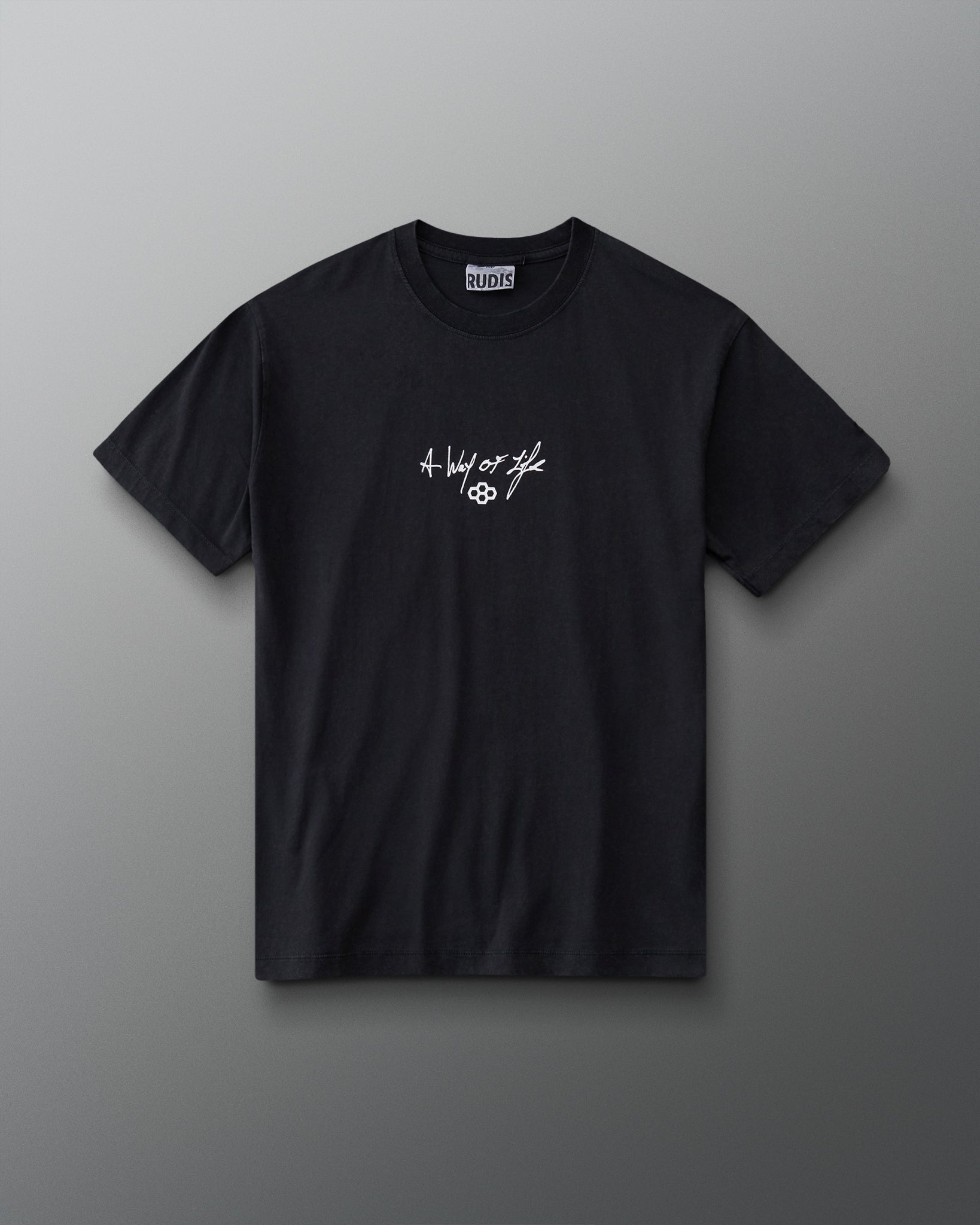 Front view of the RUDIS Faith Over Fear Classic Cotton T-Shirt in Washed Black featuring white A Way of Life chest lettering.