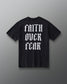 Back view of the RUDIS Faith Over Fear T-Shirt in Washed Black with oversized white gothic Faith Over Fear graphic.