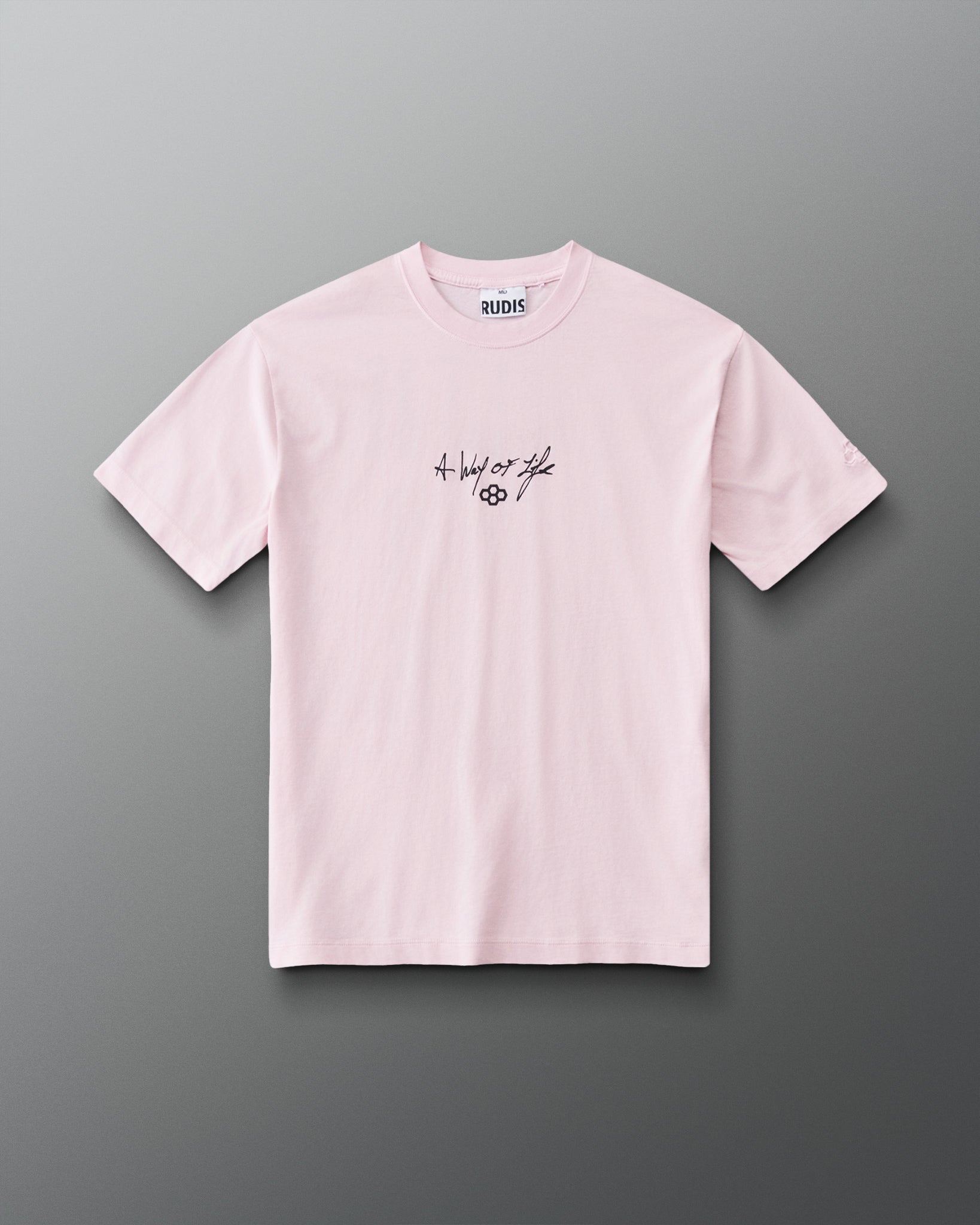 Front view of the RUDIS Faith Over Fear Classic Cotton T-Shirt in Washed Pink featuring black A Way of Life chest graphic.