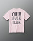 Back view of the RUDIS Faith Over Fear T-Shirt in Washed Pink featuring bold black gothic Faith Over Fear back lettering.
