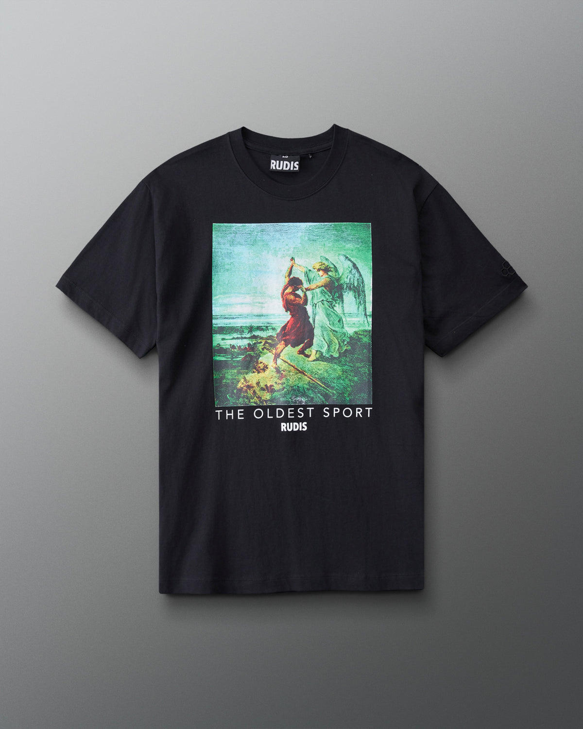 Front view of the RUDIS Divine Struggle Relaxed Cotton T-Shirt in Washed Black with colorful vintage wrestling artwork and The Oldest Sport graphic.