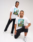 Male and female models wearing the RUDIS Divine Struggle Relaxed Cotton T-Shirt in White, featuring colorful artwork of two wrestling figures and The Oldest Sport graphic.