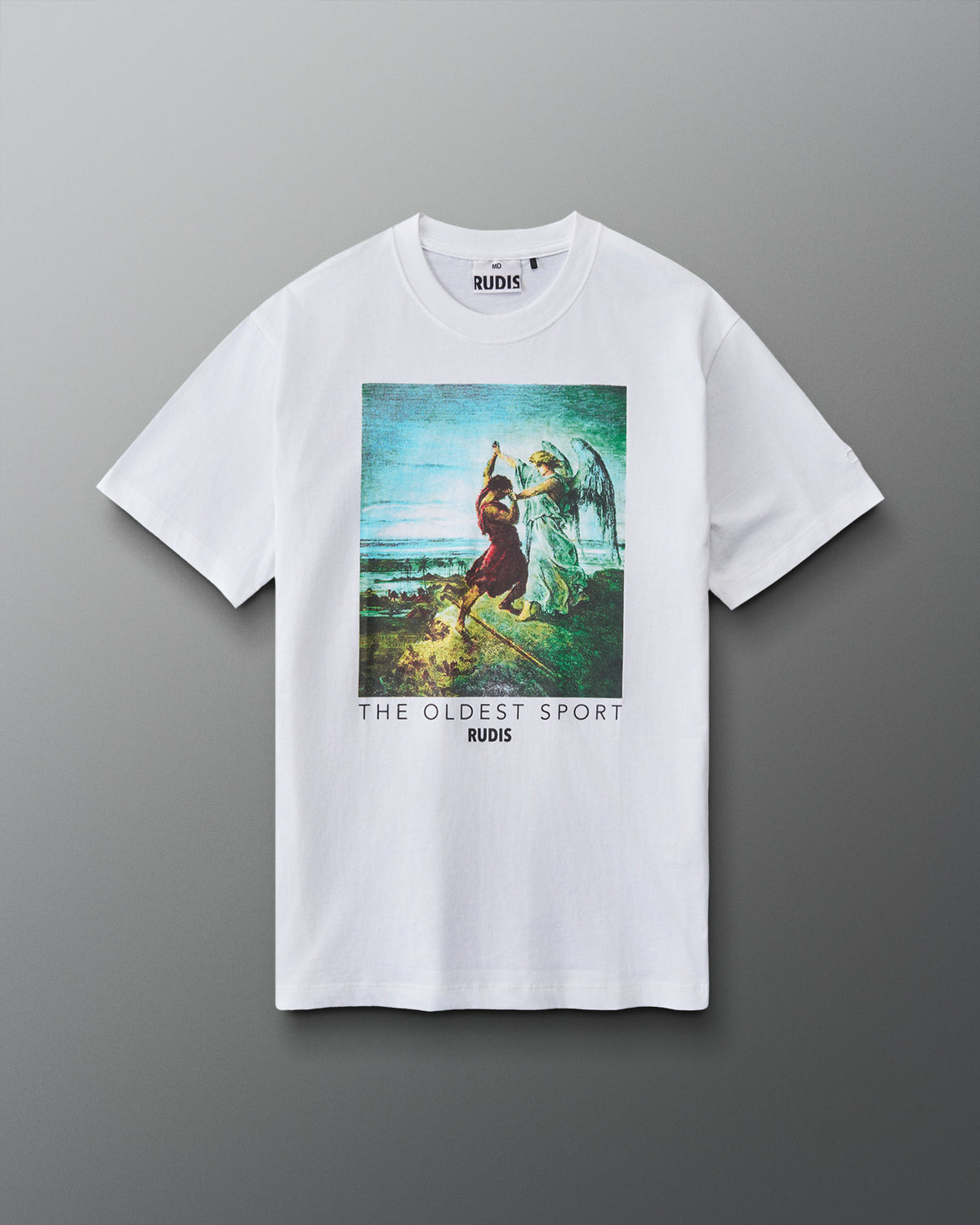 Front view of the RUDIS Divine Struggle Relaxed Cotton T-Shirt in White featuring colorful vintage-inspired wrestling artwork, The Oldest Sport graphic, and RUDIS branding.