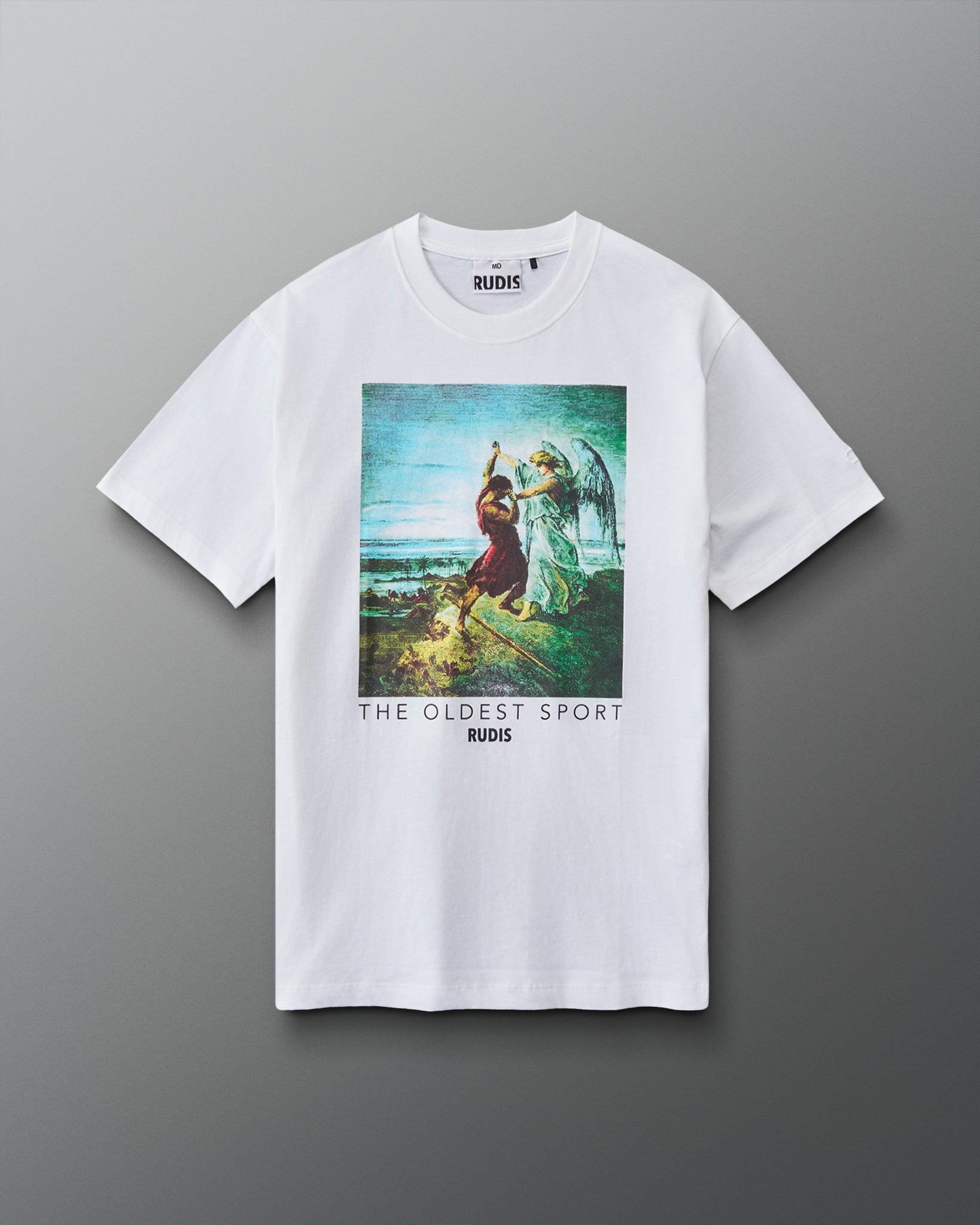 Front view of the RUDIS Divine Struggle Relaxed Cotton T-Shirt in White featuring colorful vintage-inspired wrestling artwork, The Oldest Sport graphic, and RUDIS branding.
