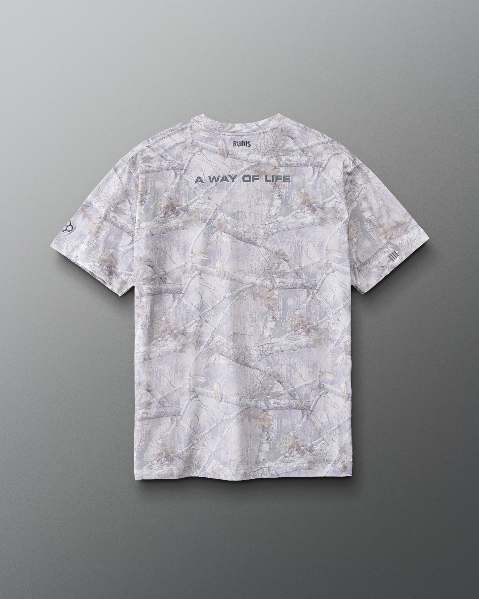 Back view of RUDIS Relaxed Cotton T-Shirt in Tree Camo featuring an allover tree camouflage pattern and gray A WAY OF LIFE upper-back graphic.