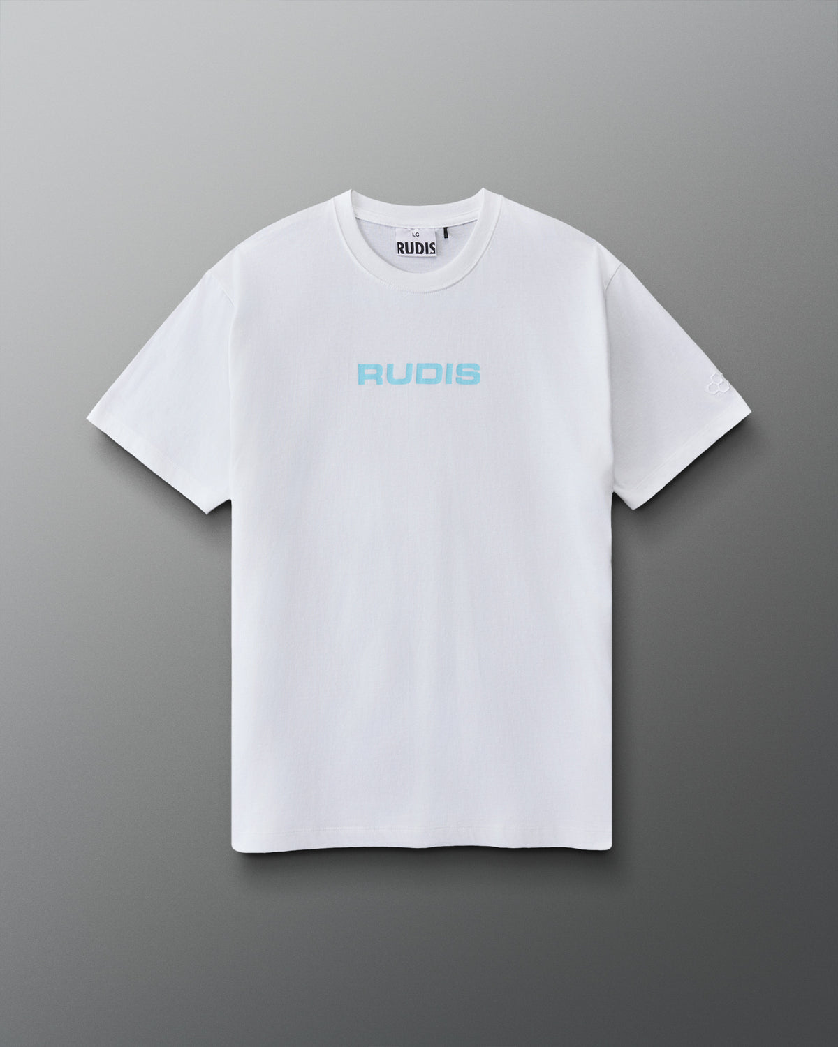 Front view of RUDIS Relaxed Cotton T-Shirt in White-Blue featuring light blue RUDIS chest logo, short sleeves, and relaxed crewneck silhouette.