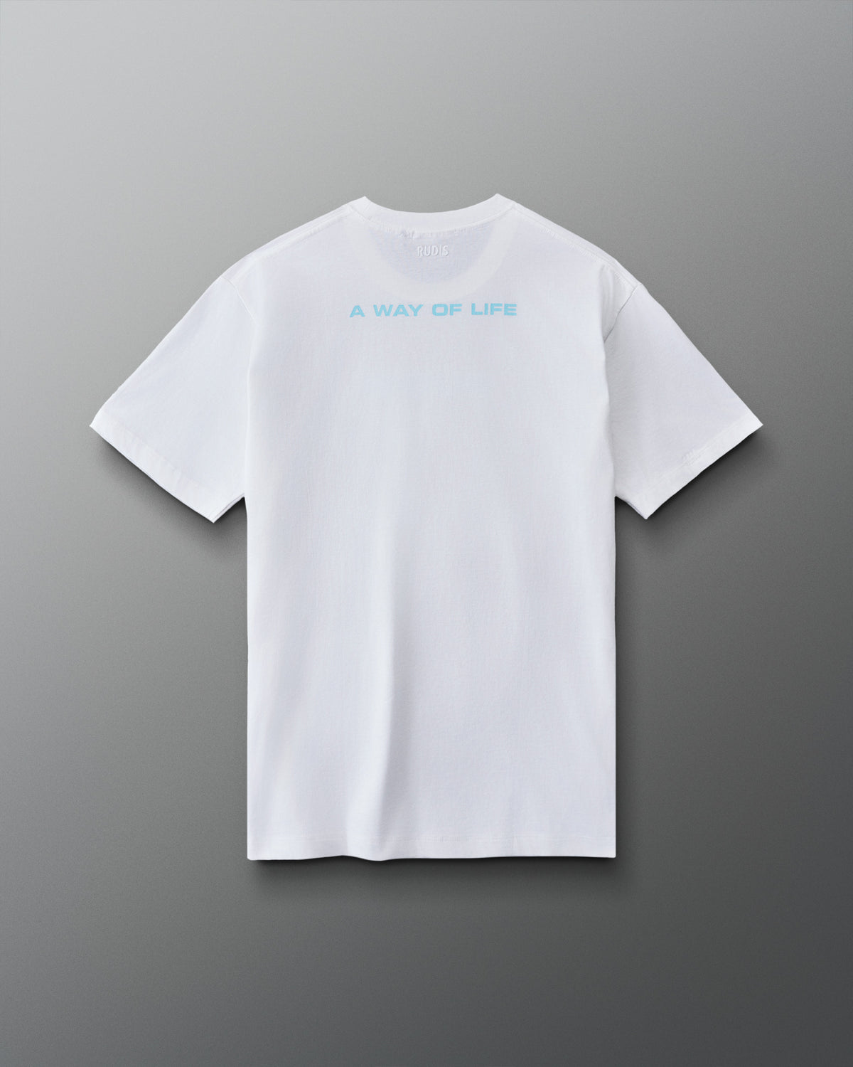 Back view of RUDIS Relaxed Cotton T-Shirt in White-Blue featuring light blue A WAY OF LIFE lettering across the upper back and tonal neck branding.
