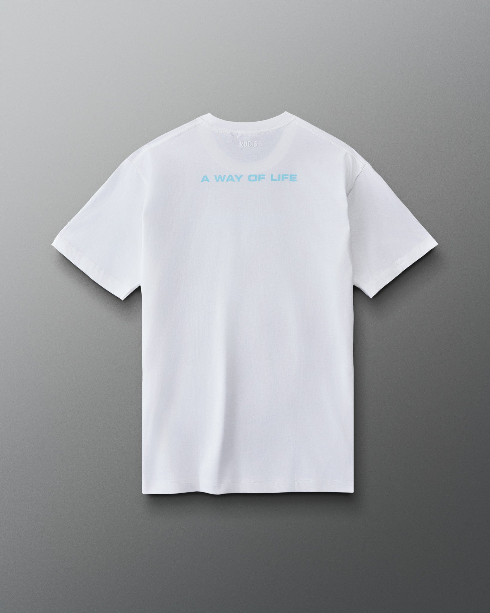 Back view of RUDIS Relaxed Cotton T-Shirt in White-Blue featuring light blue A WAY OF LIFE lettering across the upper back and tonal neck branding.