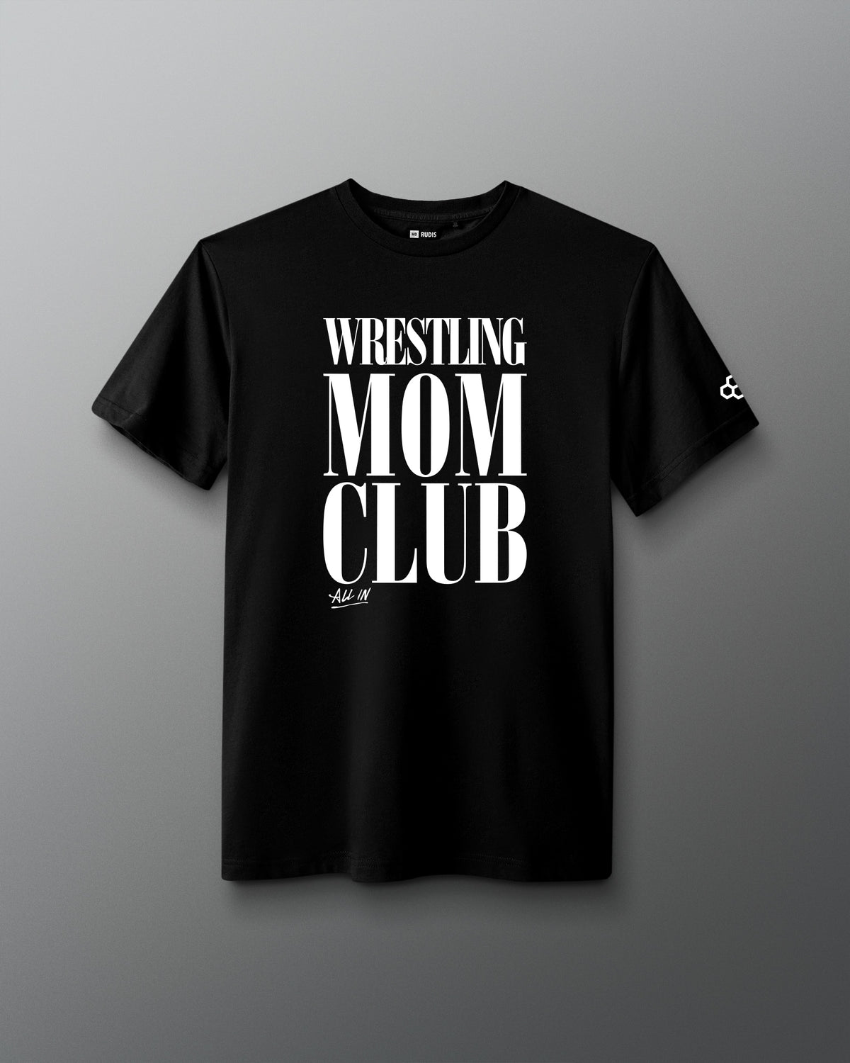 Front view of the RUDIS Wrestling Mom Club Elite Super Soft T-Shirt in black with white Wrestling Mom Club graphic.
