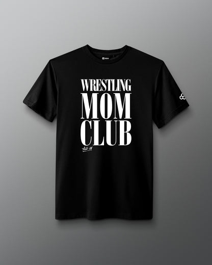Front view of the RUDIS Wrestling Mom Club Elite Super Soft T-Shirt in black with white Wrestling Mom Club graphic.