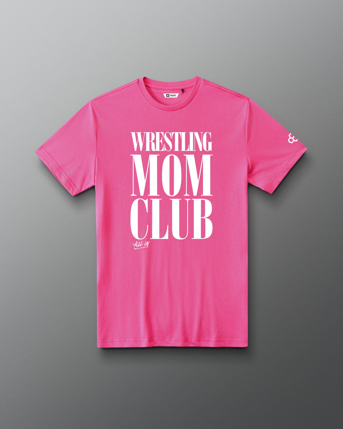 Front view of the RUDIS Wrestling Mom Club Elite Super Soft T-Shirt in pink with white Wrestling Mom Club graphic.