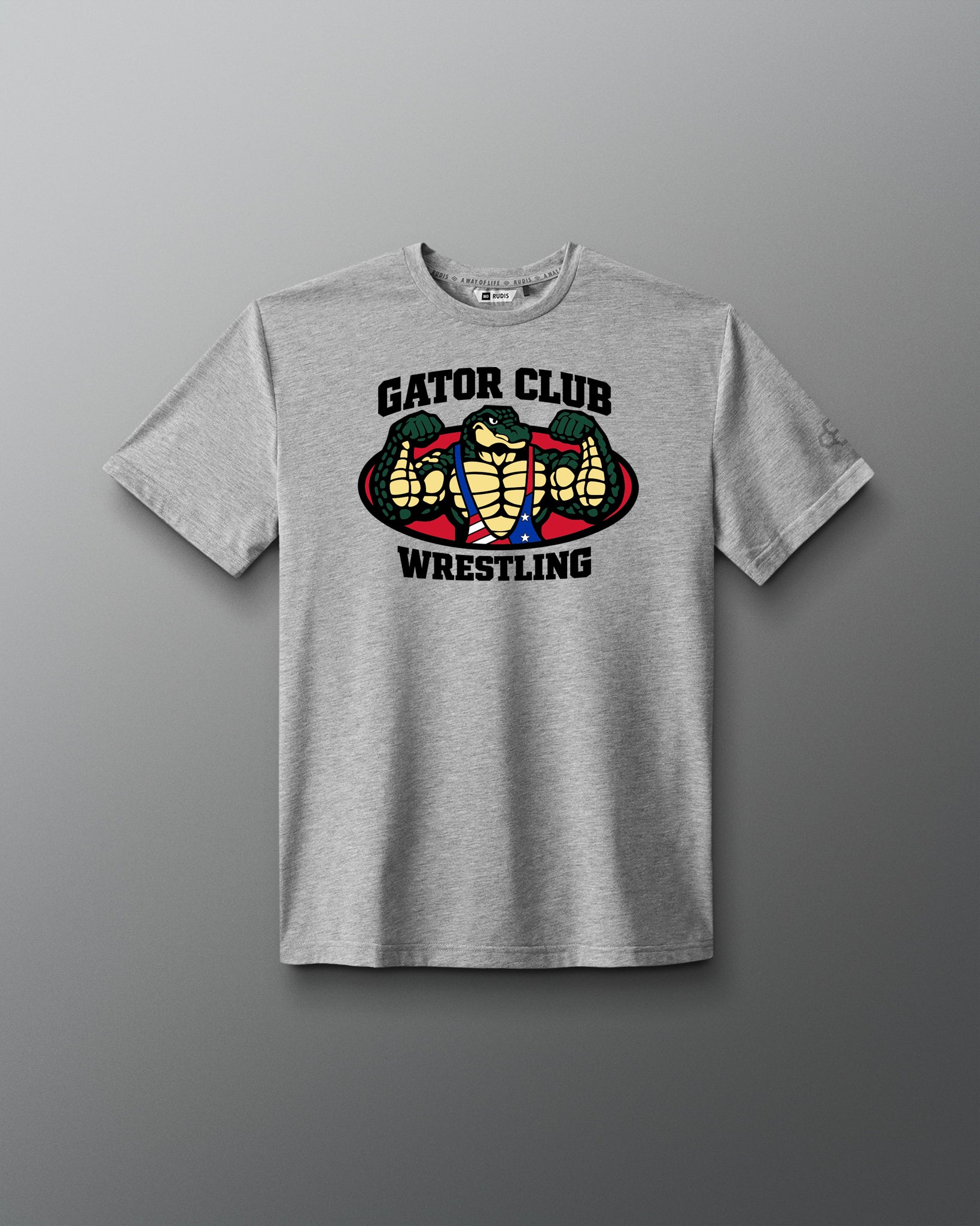 Gray t-shirt with 'Gator Club Wrestling' graphic on a gray background