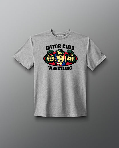 Gray t-shirt with 'Gator Club Wrestling' graphic on a gray background