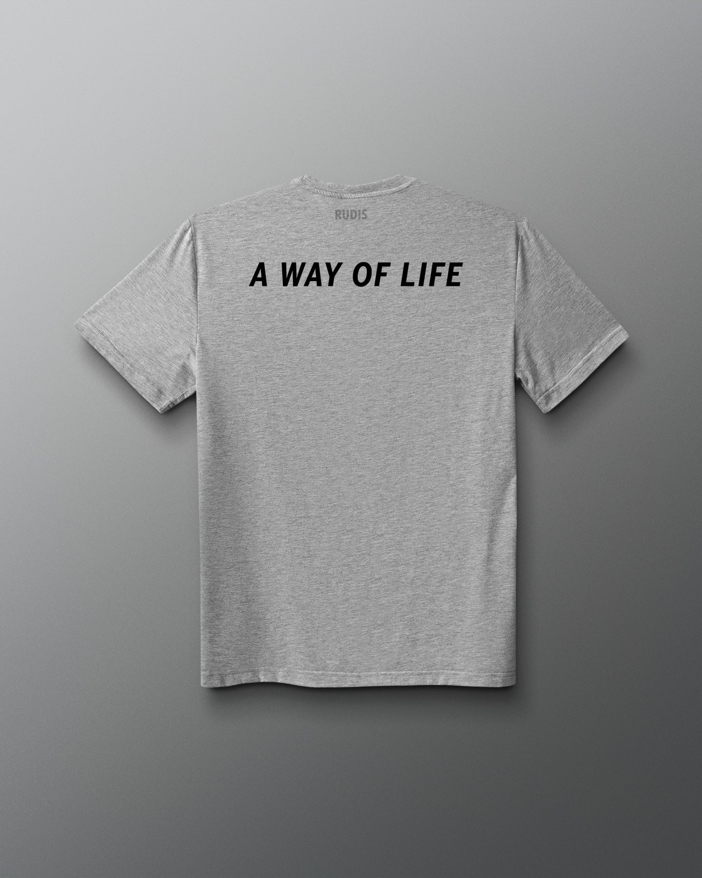Gray t-shirt with 'A Way of Life' text on the back against a gray background