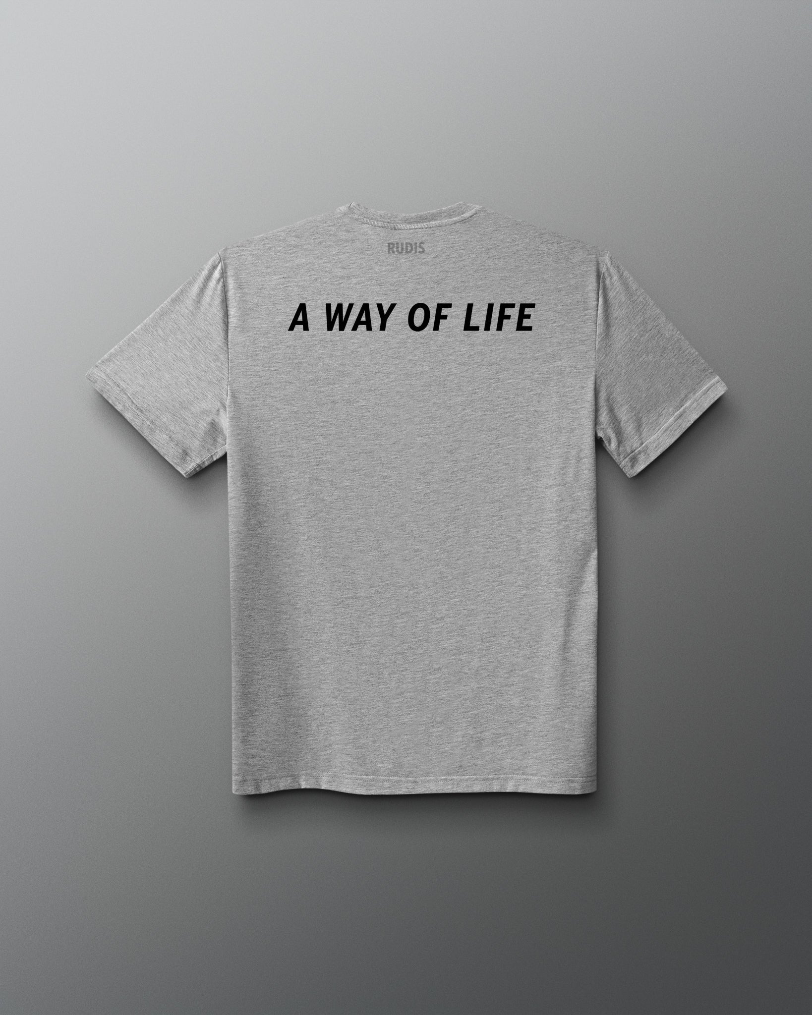 Gray t-shirt with 'A Way of Life' text on the back against a gray background