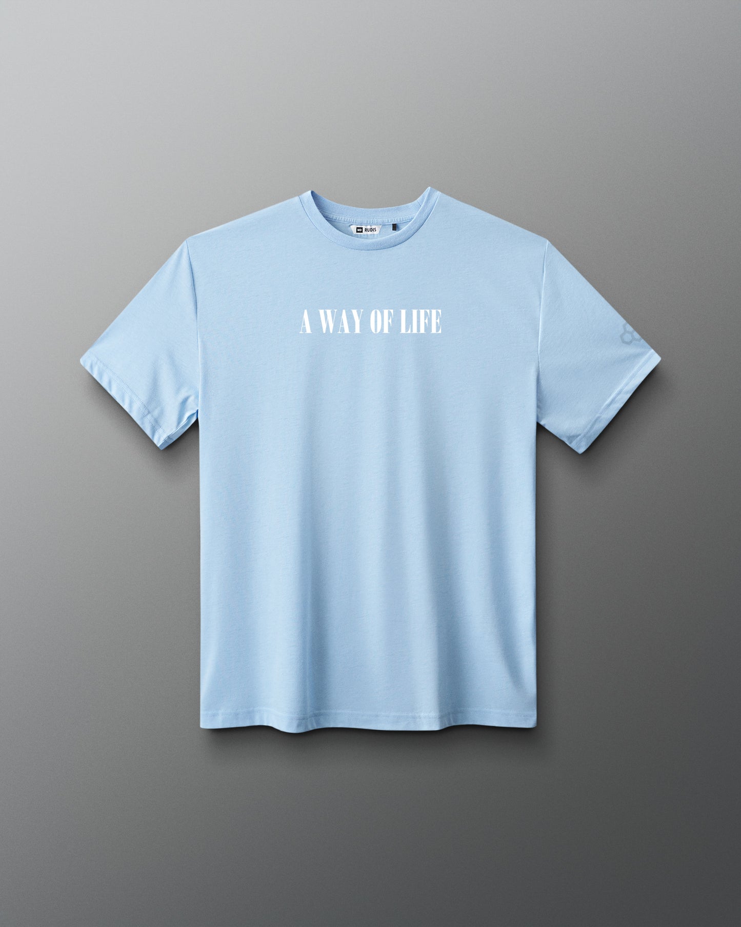 Light blue t-shirt with 'A WAY OF LIFE' text on a gray background