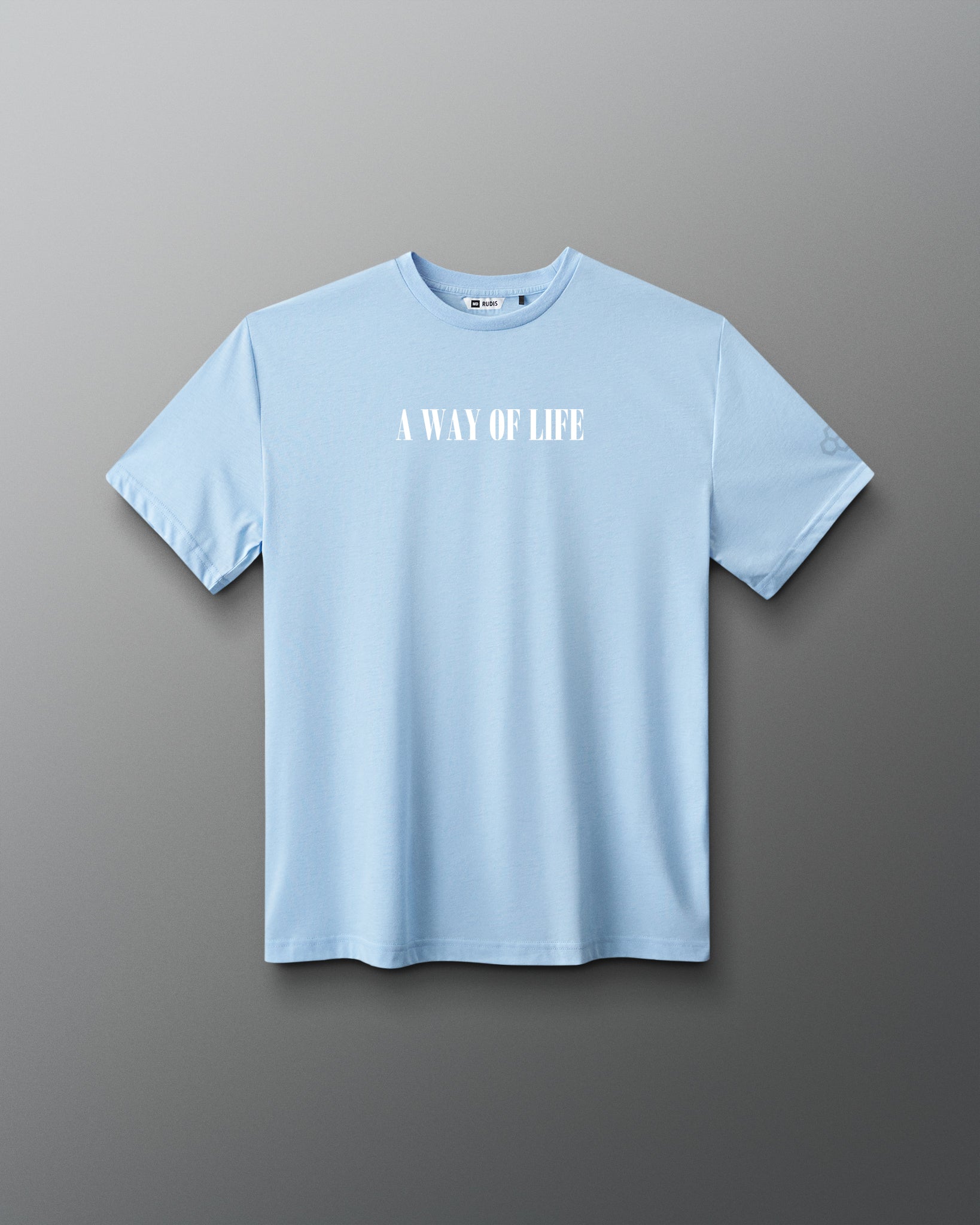 Light blue t-shirt with 'A WAY OF LIFE' text on a gray background