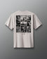 White t-shirt with black graphic design on a gray background