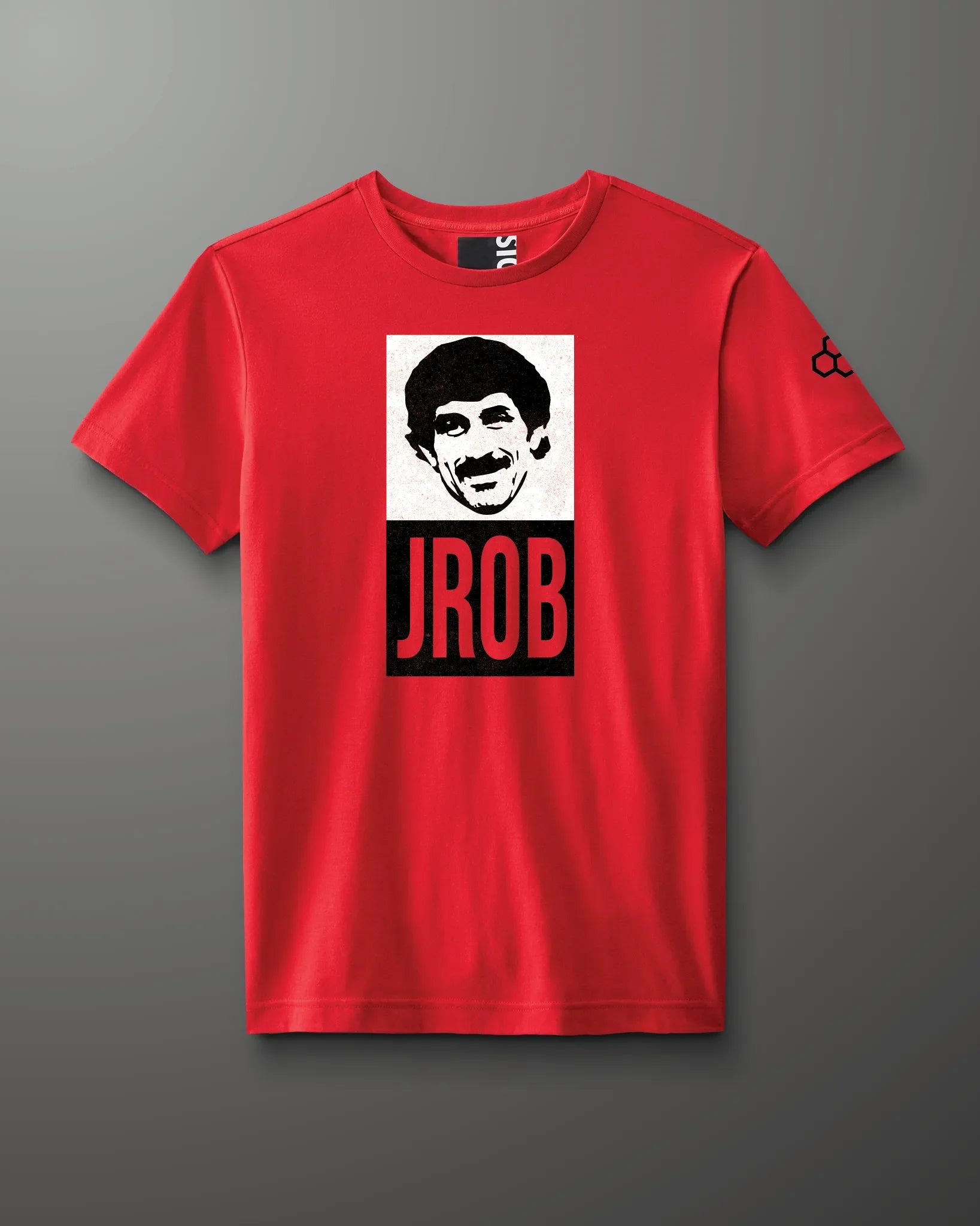 Red t-shirt with a graphic of a man's face and 'JROB' text on a gray background