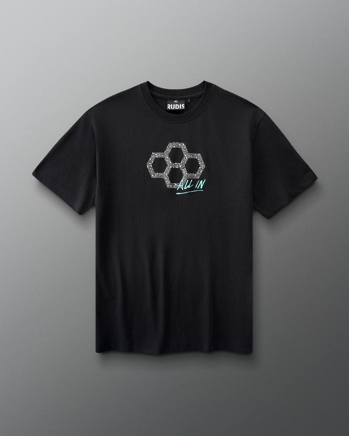 A black short-sleeve t-shirt with a textured silver geometric logo and the text 'ALL IN' in light blue and white on the chest, displayed against a neutral gray background.