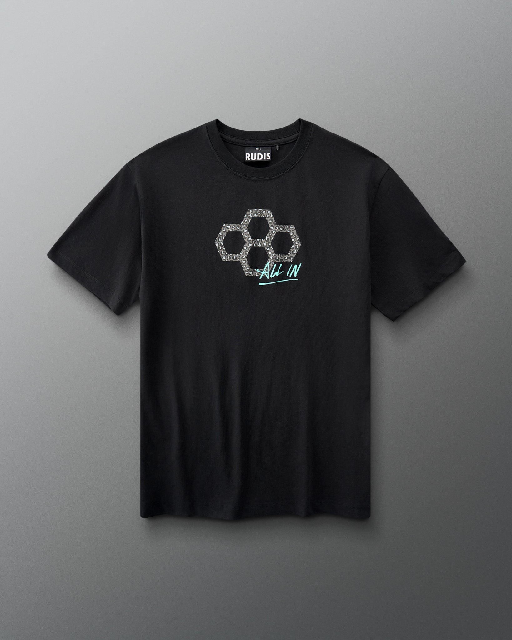 A black short-sleeve t-shirt with a textured silver geometric logo and the text 'ALL IN' in light blue and white on the chest, displayed against a neutral gray background.